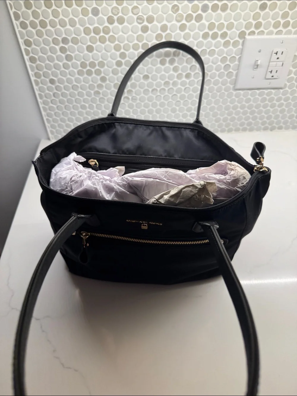 Michael Kors Black Nylon Tote with Gold Hardware